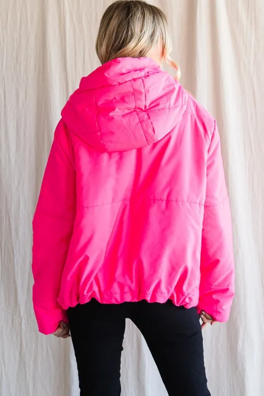 Neon Pink Solid Drawstring Puffer Jacket