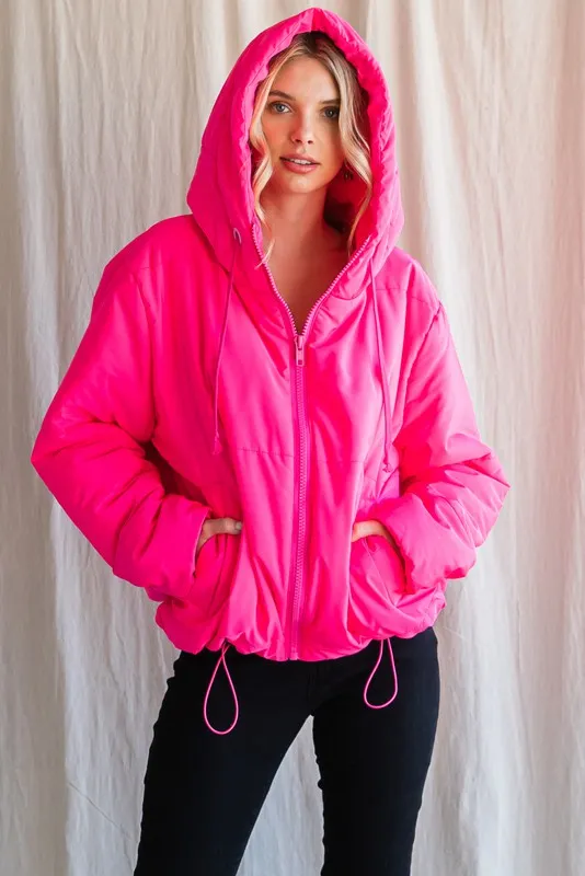 Neon Pink Solid Drawstring Puffer Jacket