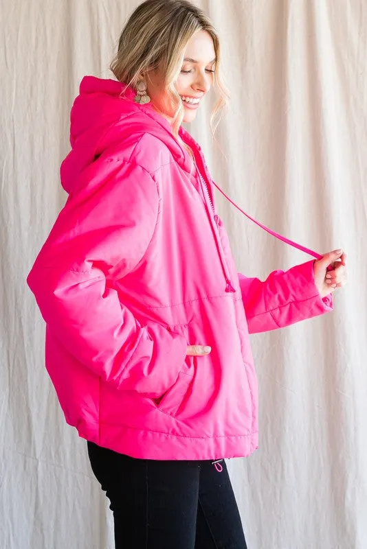 Neon Pink Solid Drawstring Puffer Jacket