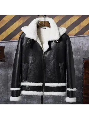 New Mens Bomber Hooded Sheepskin Leather Jacket Short Coat