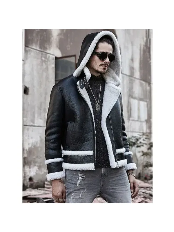 New Mens Bomber Hooded Sheepskin Leather Jacket Short Coat