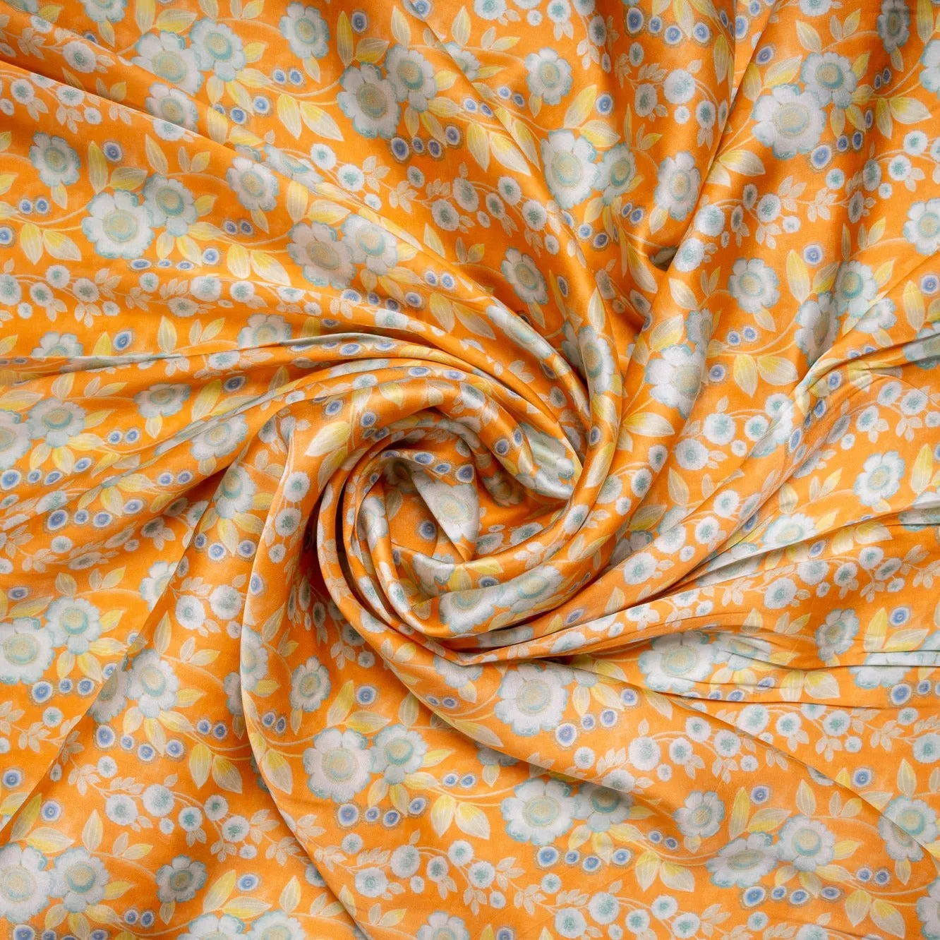 Orange Floral Print Satin Bemberg Fabric