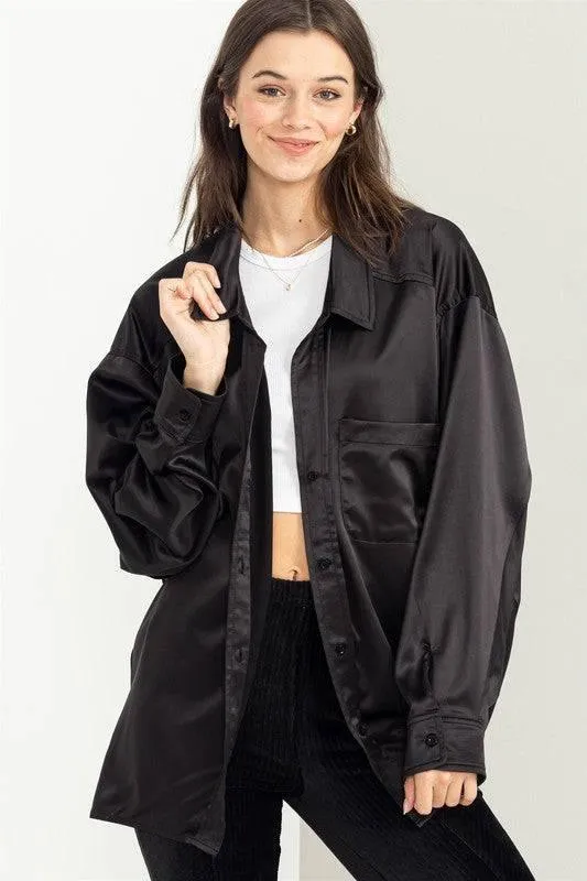 Oversized button-down satin shirt