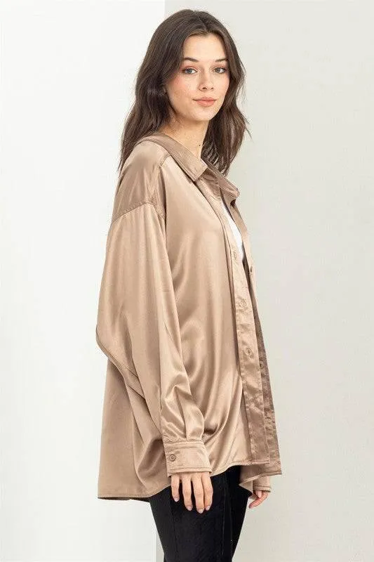 Oversized button-down satin shirt