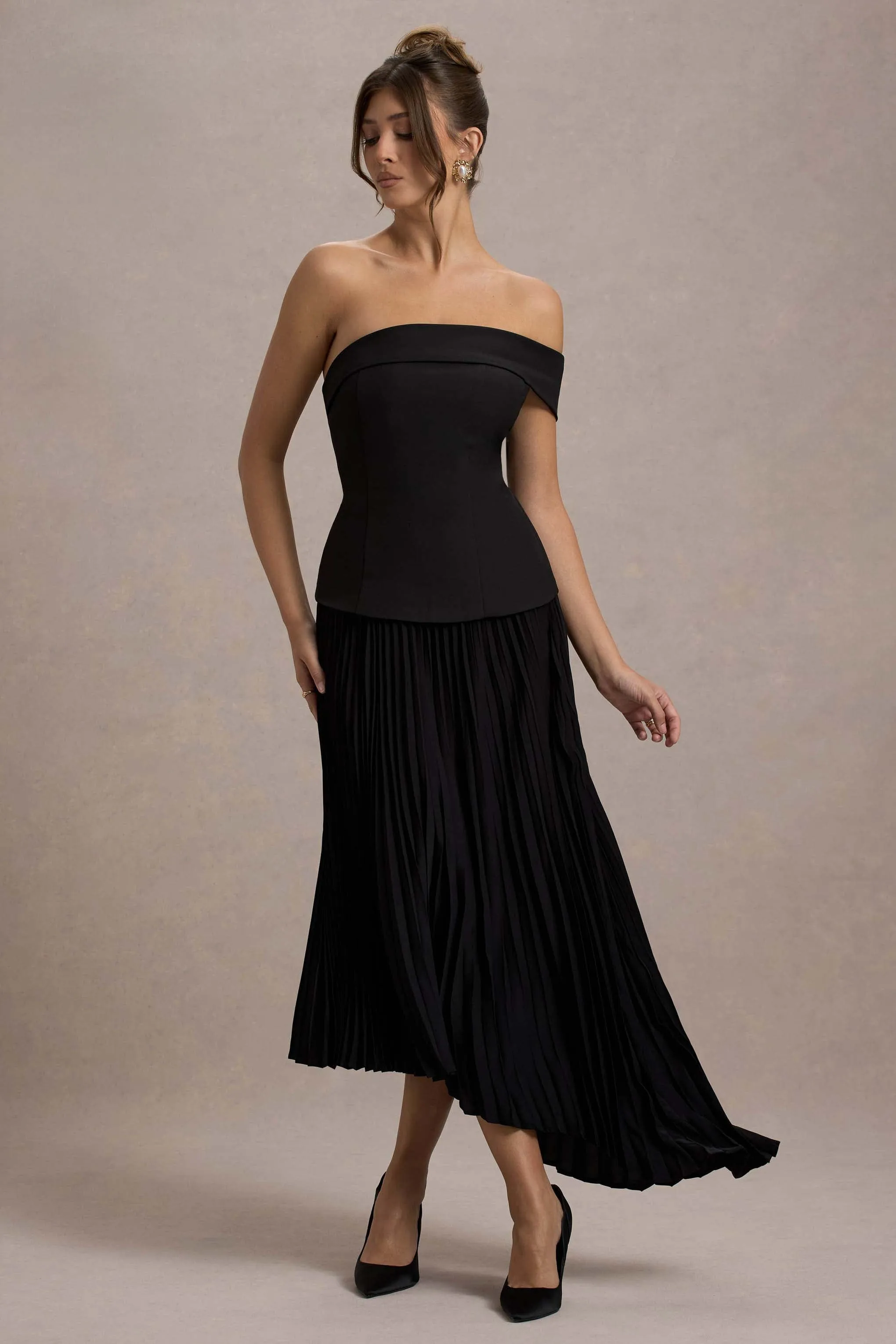 Pauline | Black Bardot Tailored Maxi Dress With Plisse Skirt