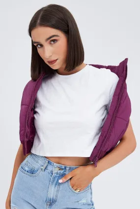 Purple Short Puffer Jacket Sleeveless with Pockets