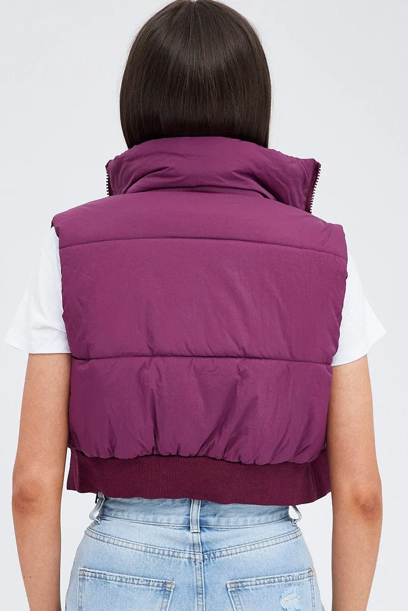 Purple Short Puffer Jacket Sleeveless with Pockets