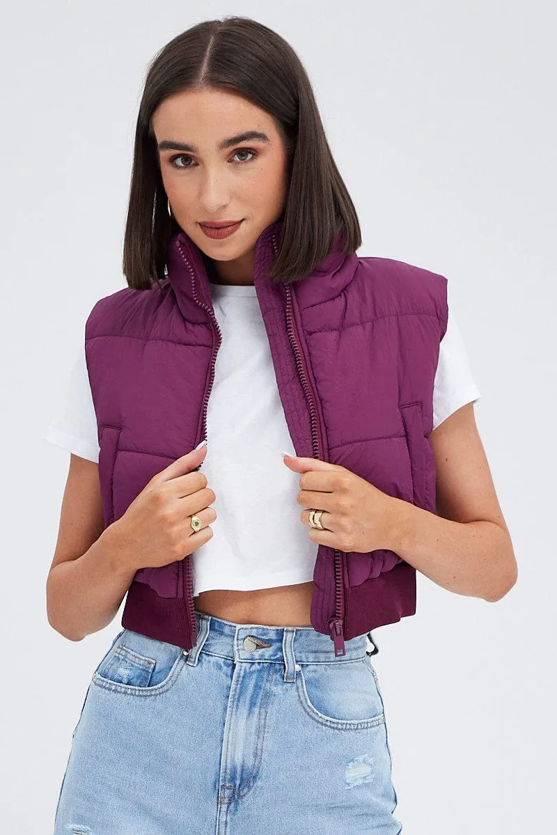 Purple Short Puffer Jacket Sleeveless with Pockets