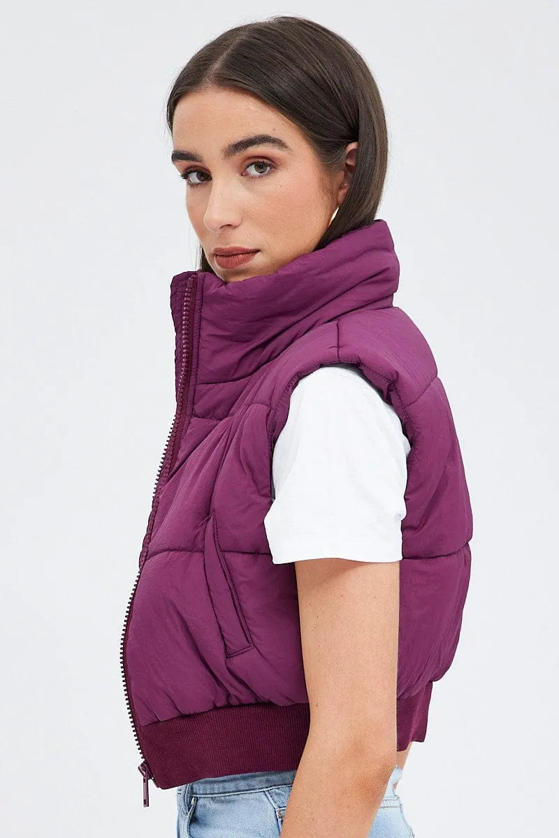 Purple Short Puffer Jacket Sleeveless with Pockets