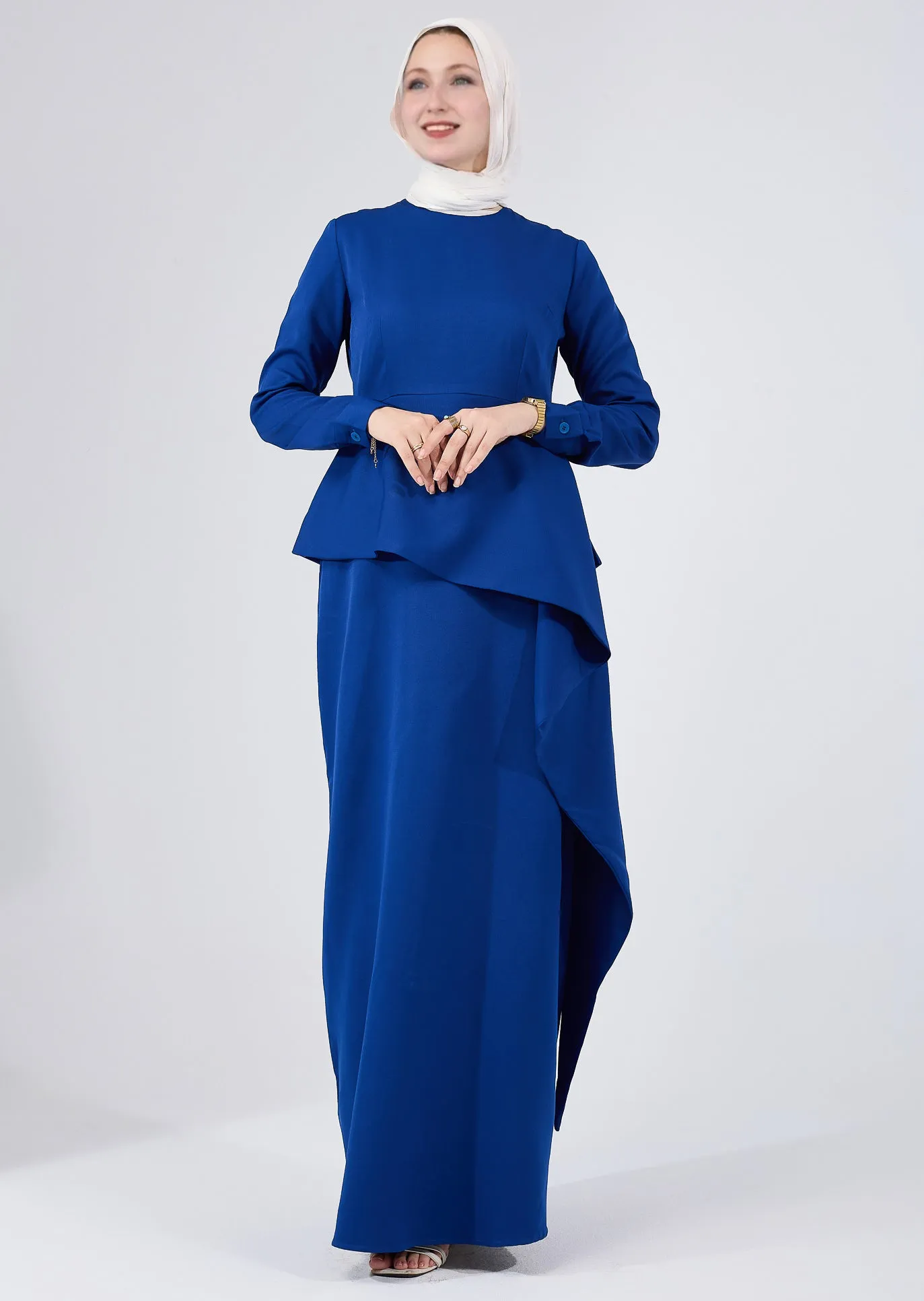 Raneem Asymmetric Peplum Long-Sleeve Maxi Dress in Royal Blue