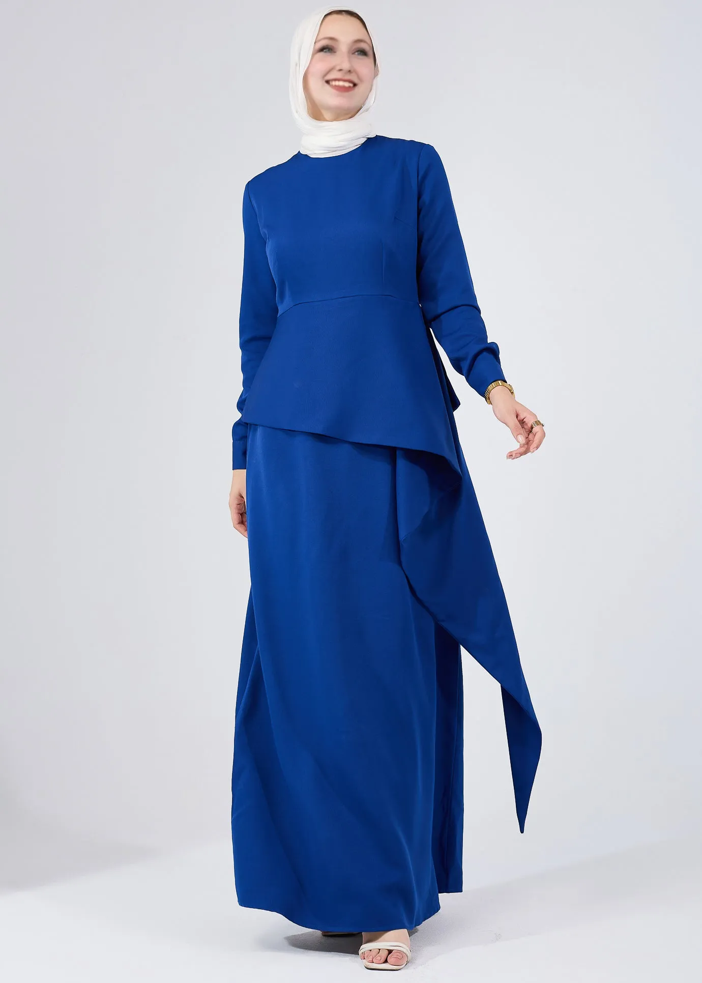 Raneem Asymmetric Peplum Long-Sleeve Maxi Dress in Royal Blue