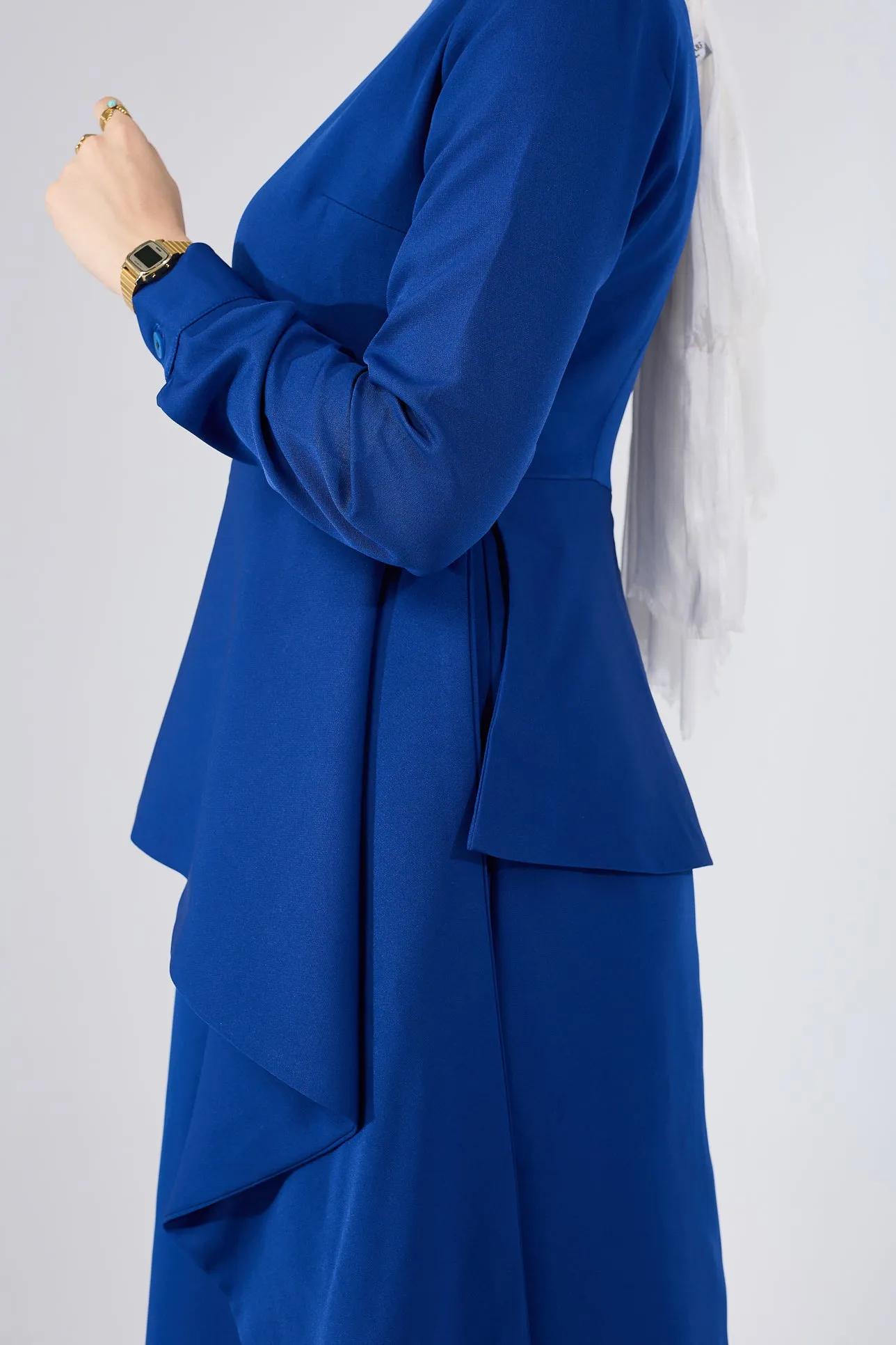 Raneem Asymmetric Peplum Long-Sleeve Maxi Dress in Royal Blue