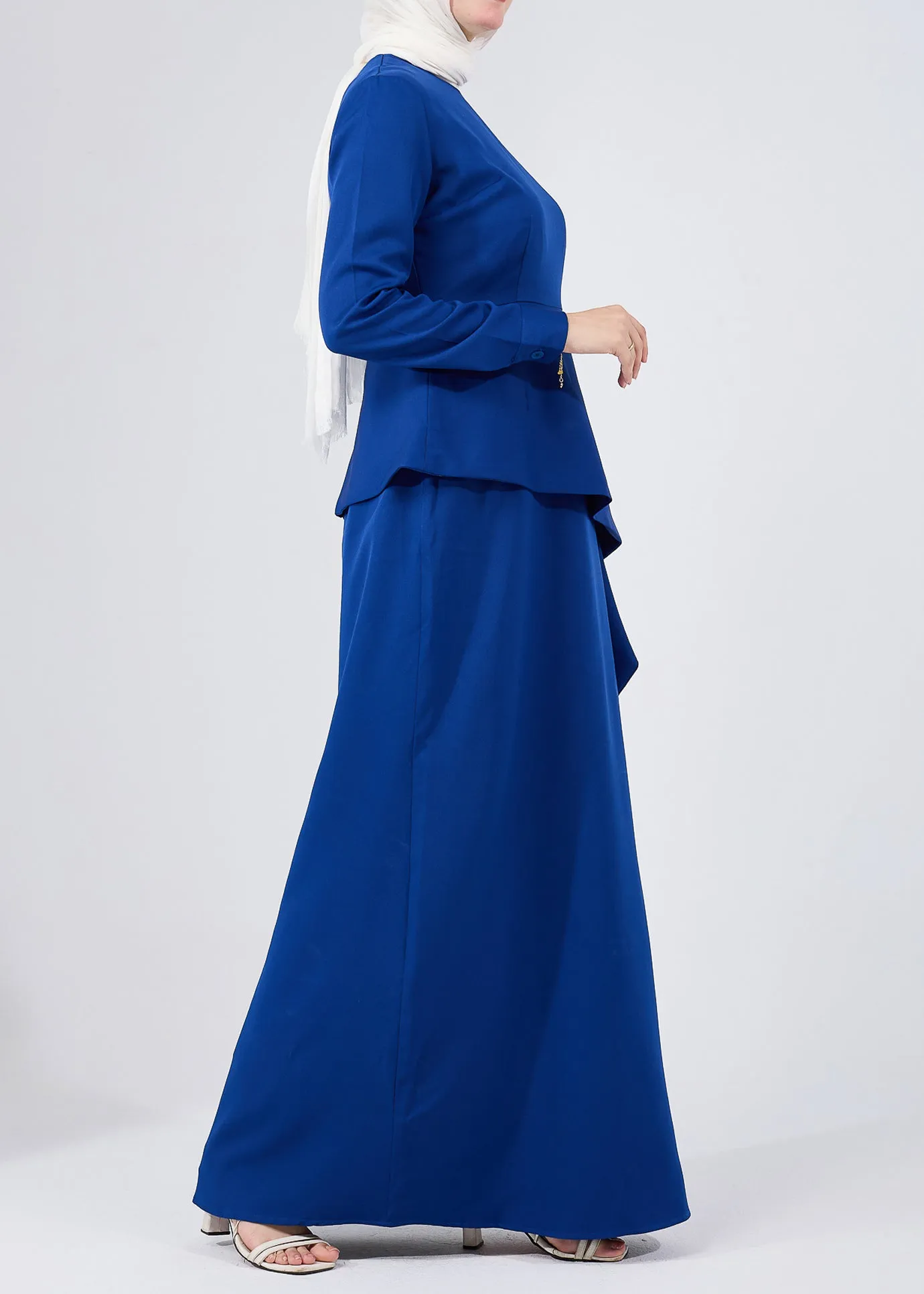 Raneem Asymmetric Peplum Long-Sleeve Maxi Dress in Royal Blue