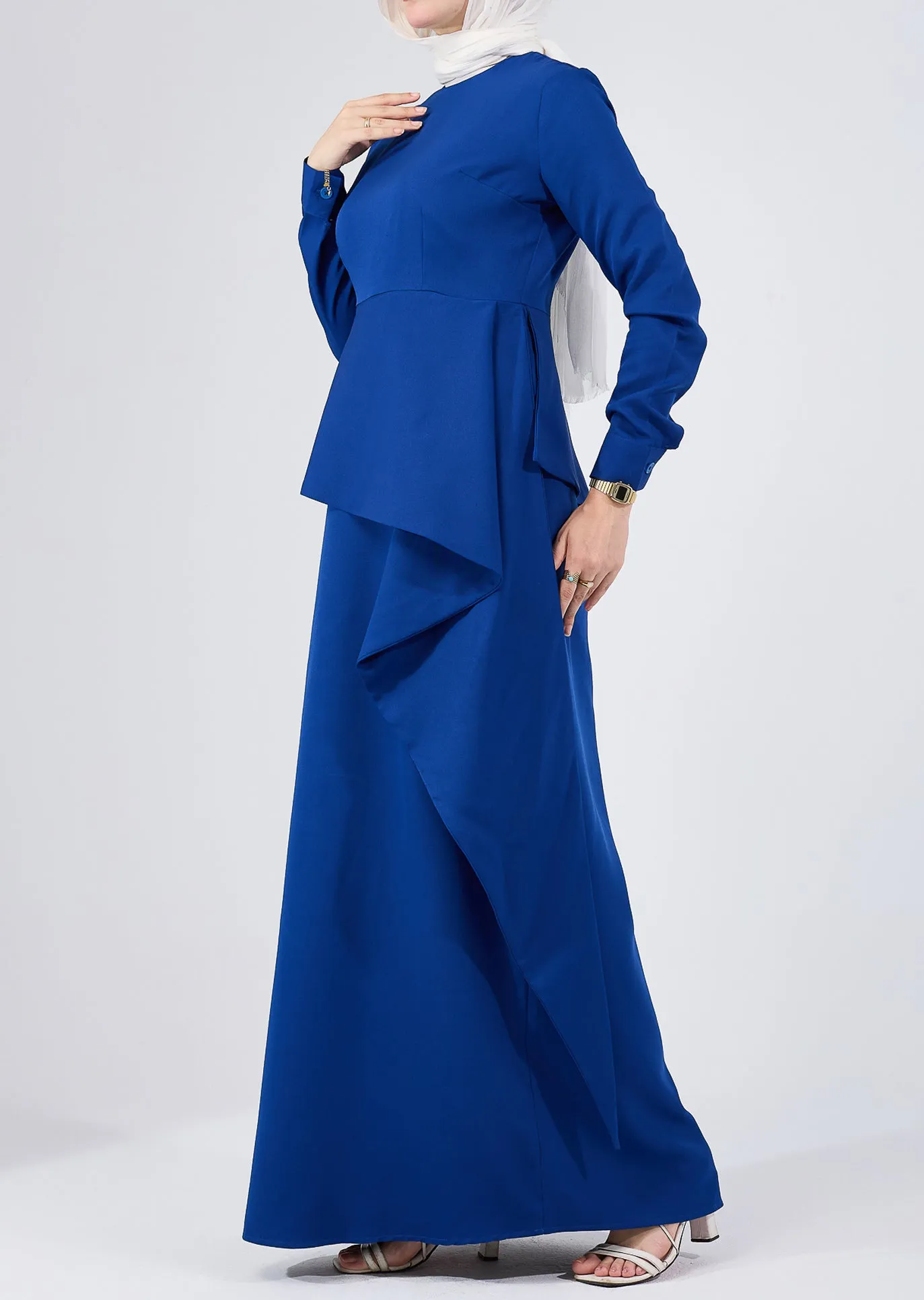 Raneem Asymmetric Peplum Long-Sleeve Maxi Dress in Royal Blue