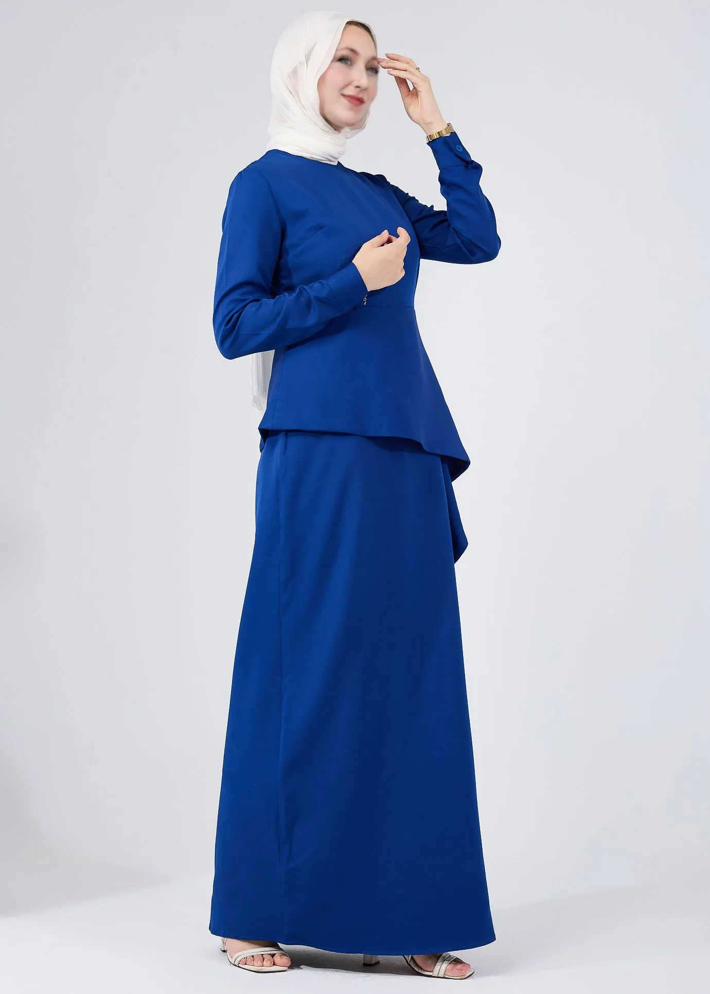 Raneem Asymmetric Peplum Long-Sleeve Maxi Dress in Royal Blue