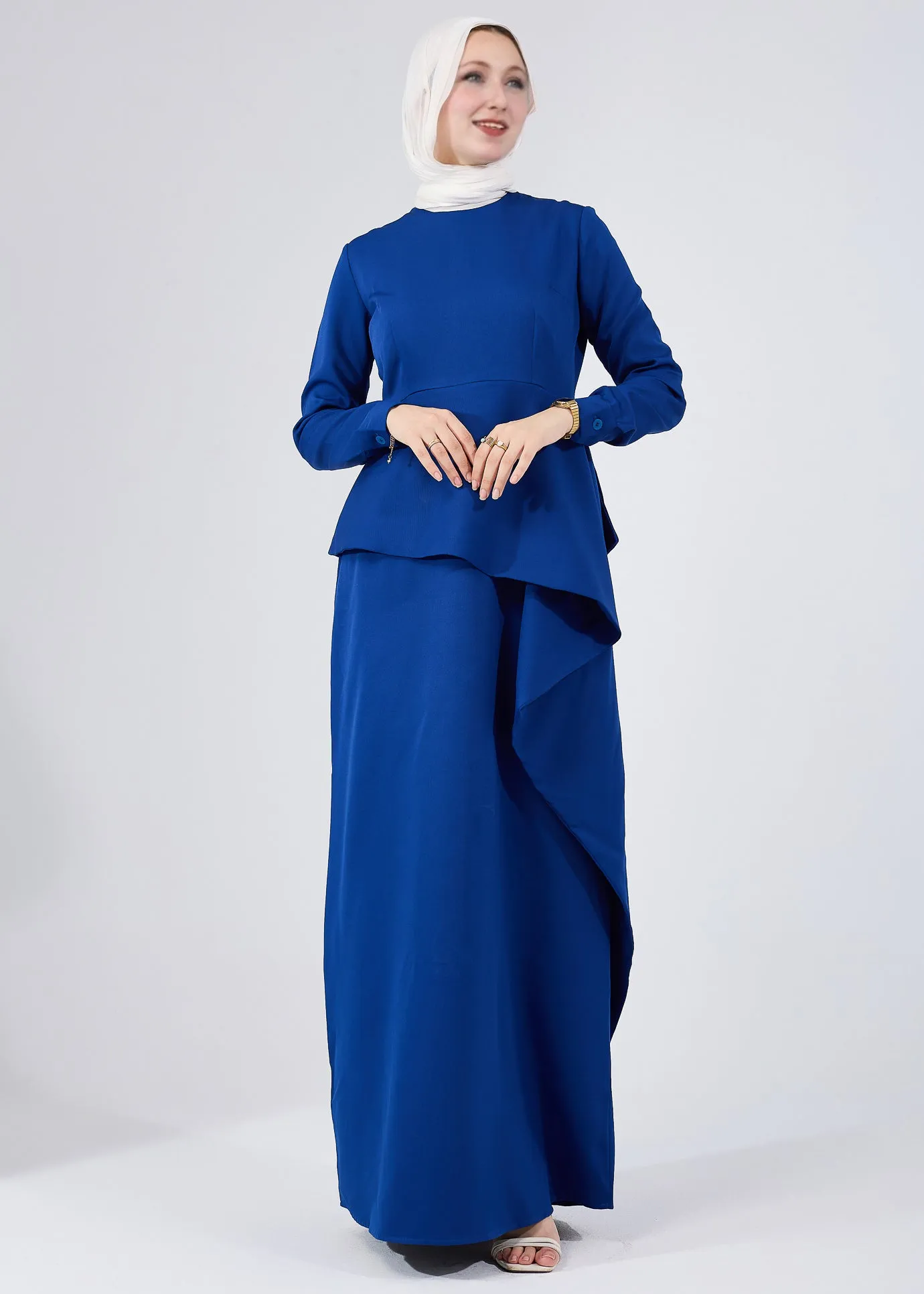 Raneem Asymmetric Peplum Long-Sleeve Maxi Dress in Royal Blue