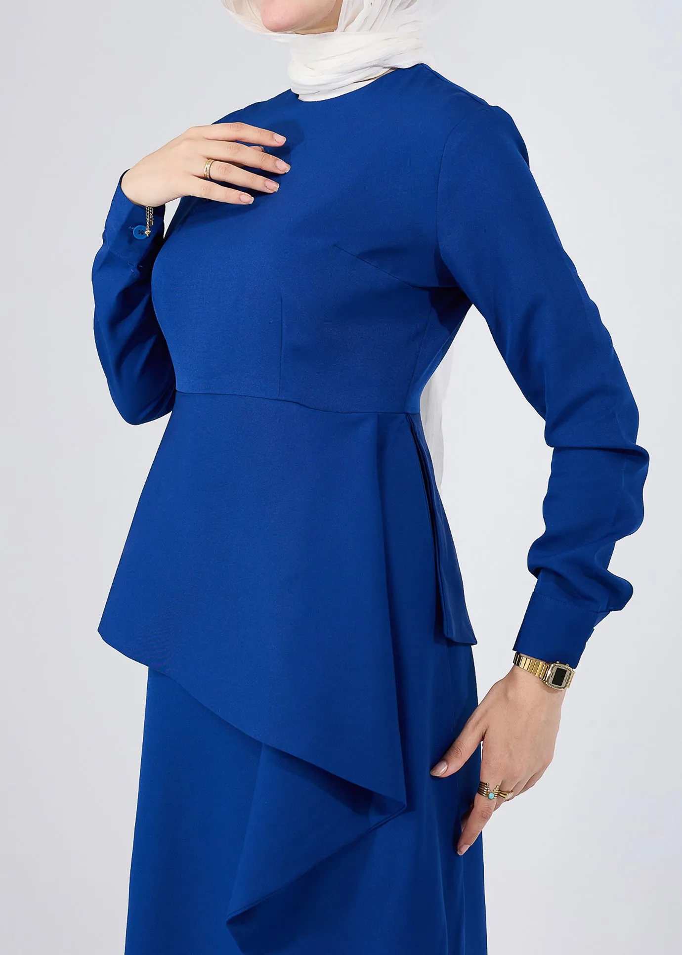 Raneem Asymmetric Peplum Long-Sleeve Maxi Dress in Royal Blue