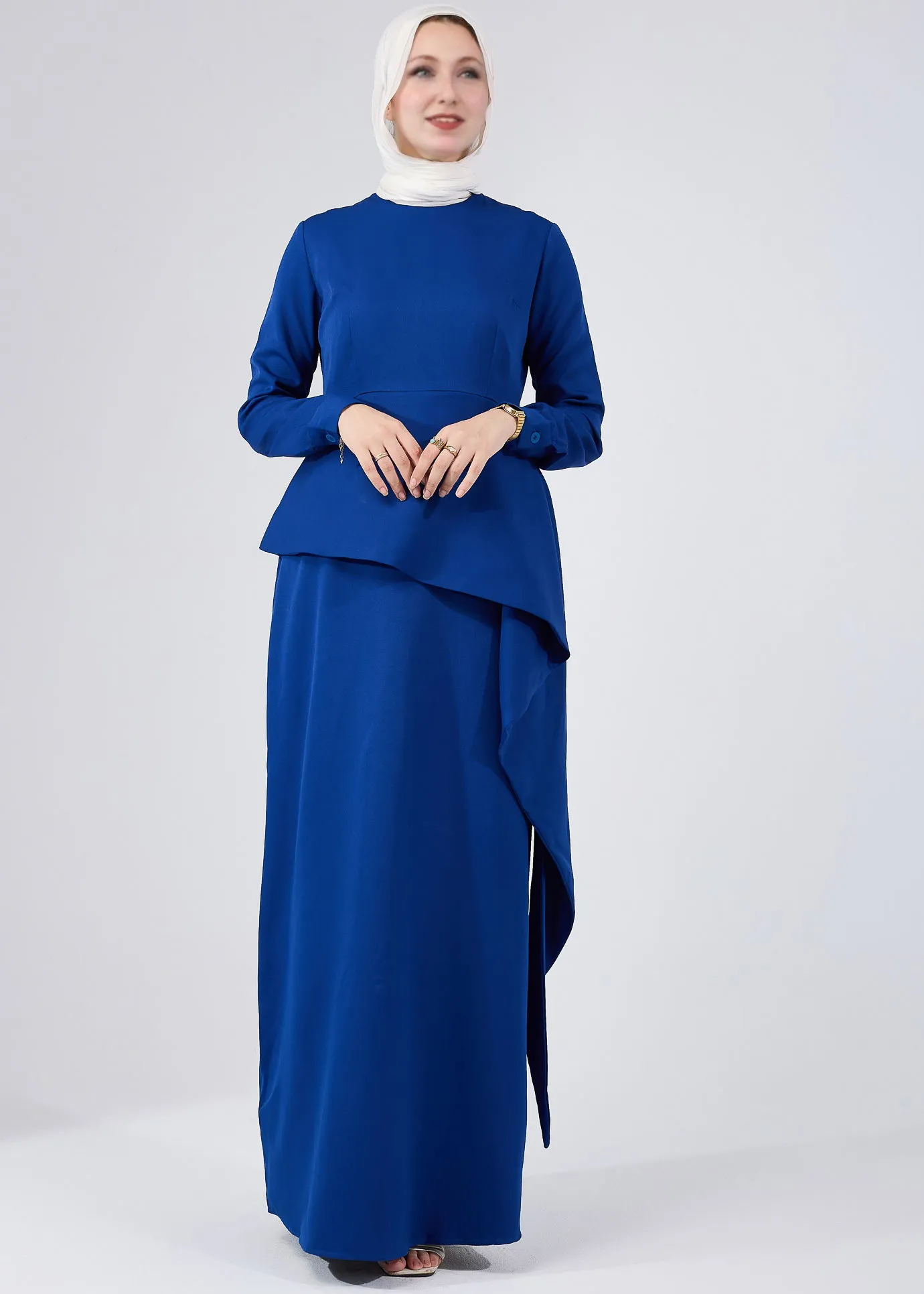 Raneem Asymmetric Peplum Long-Sleeve Maxi Dress in Royal Blue