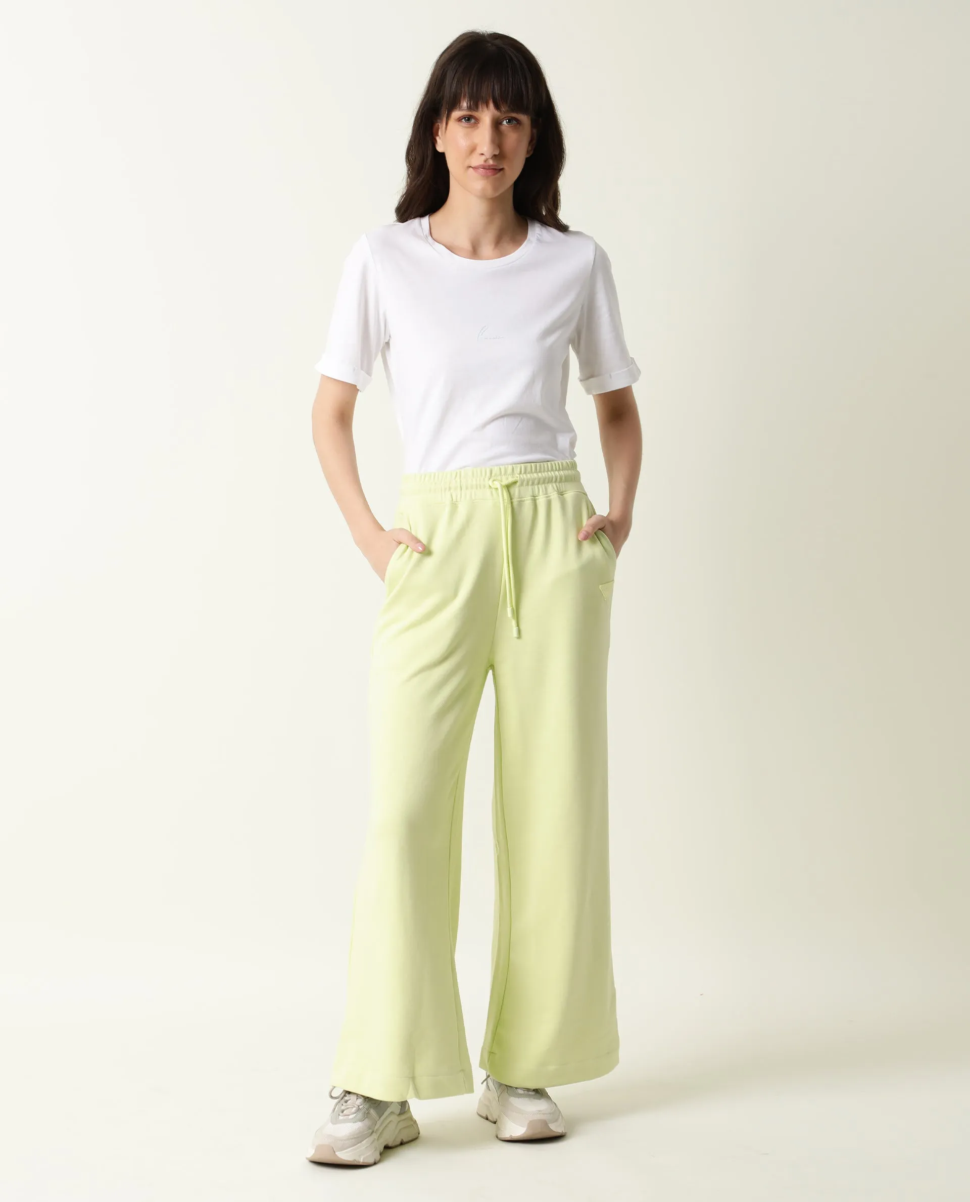 Rareism Women Pazo-1 Flouroscent Green Poly Cotton Fabric Relaxed Fit Solid Mid Rise Ankle Length Track Pant