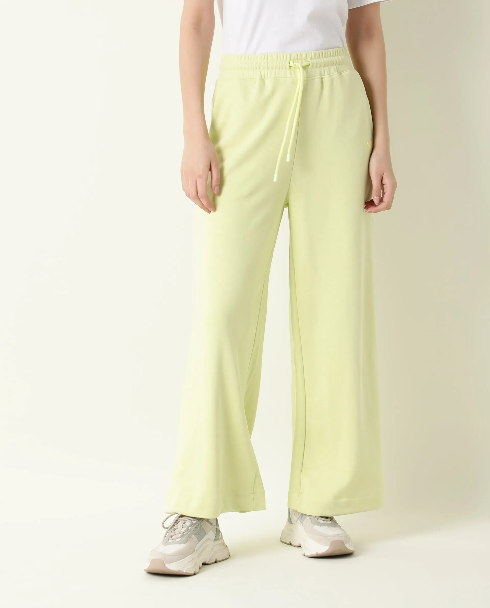 Rareism Women Pazo-1 Flouroscent Green Poly Cotton Fabric Relaxed Fit Solid Mid Rise Ankle Length Track Pant