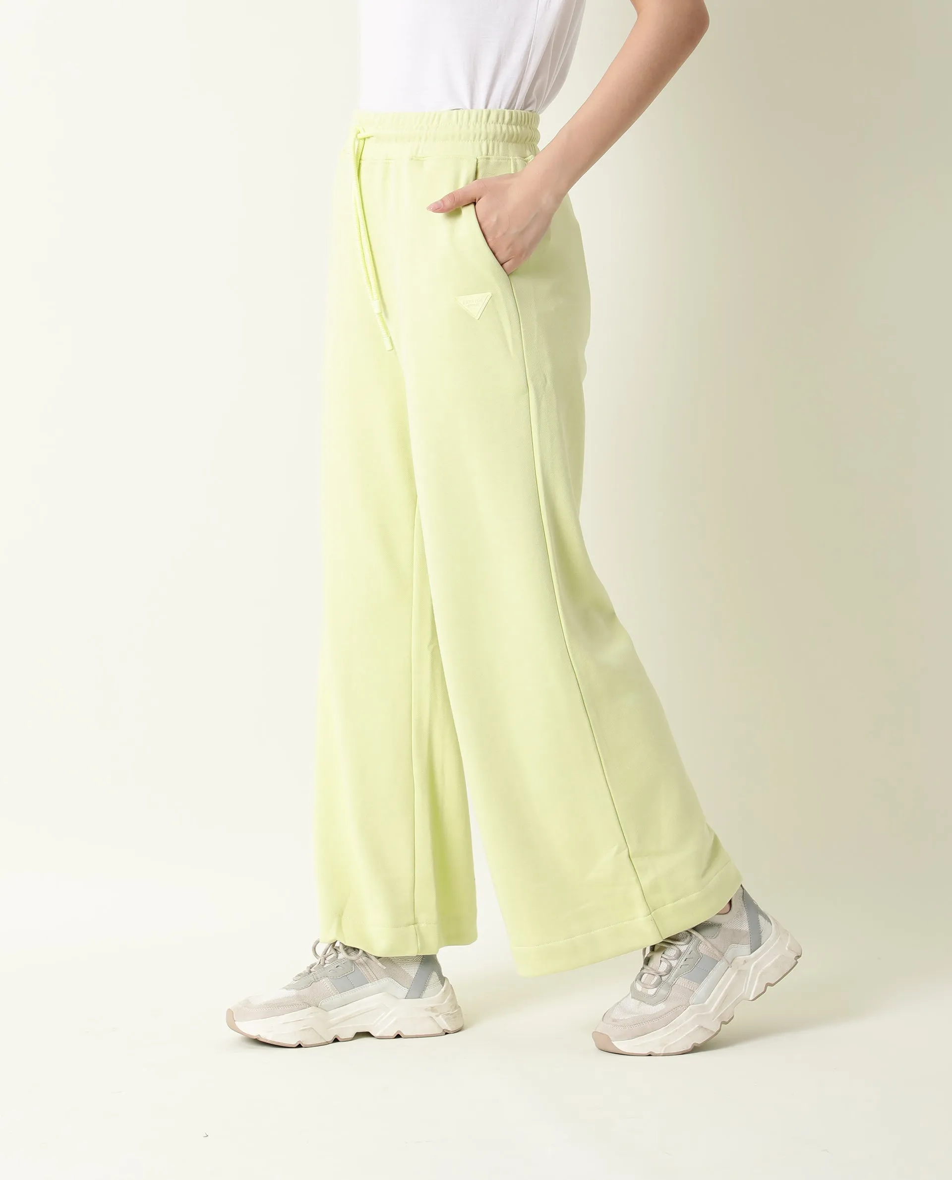 Rareism Women Pazo-1 Flouroscent Green Poly Cotton Fabric Relaxed Fit Solid Mid Rise Ankle Length Track Pant