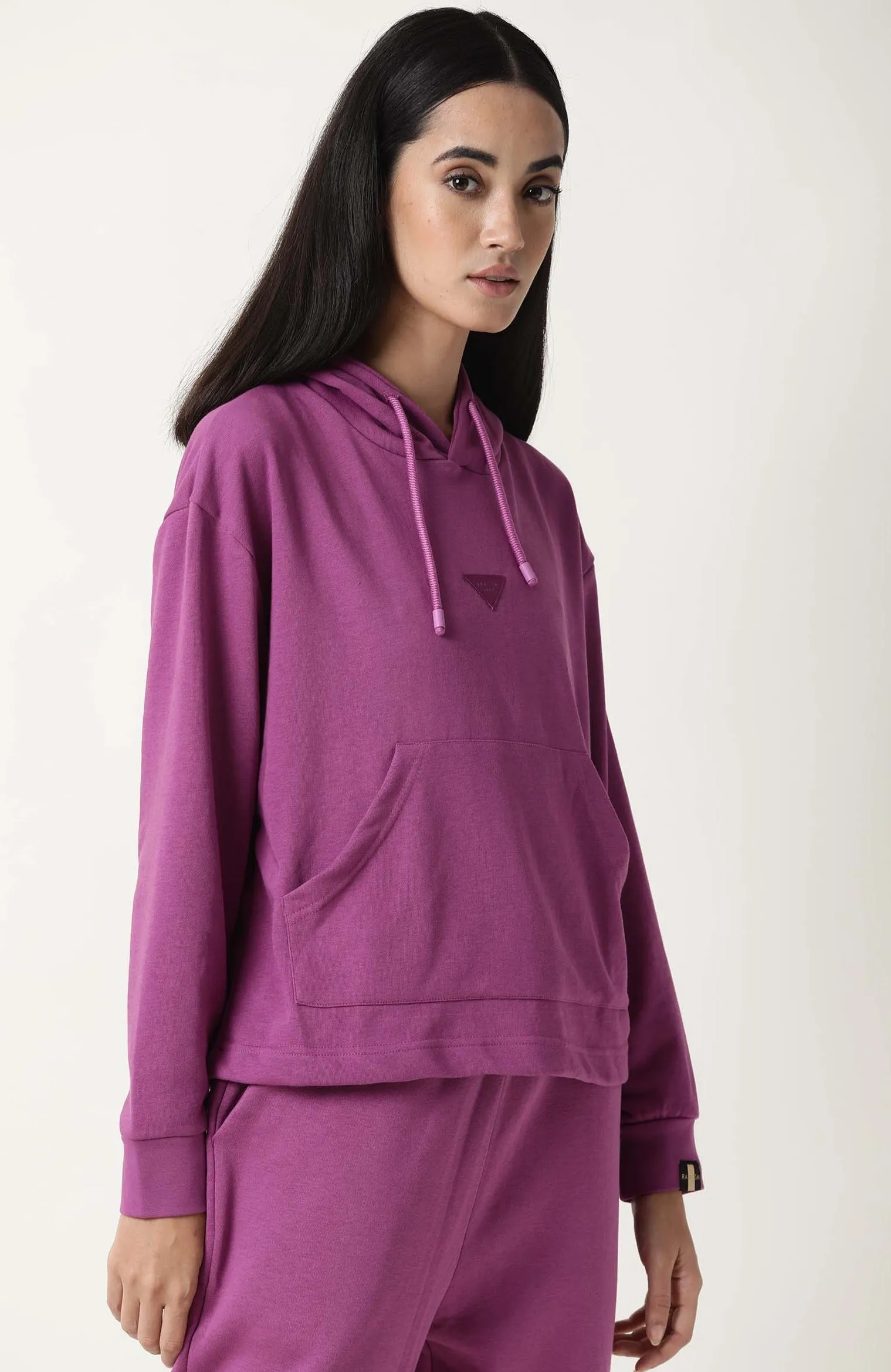 Rareism Women Wally-1 Purple Cotton Poly Fabric Relaxed Fit Full Sleeves Solid Hooded Sweatshirt