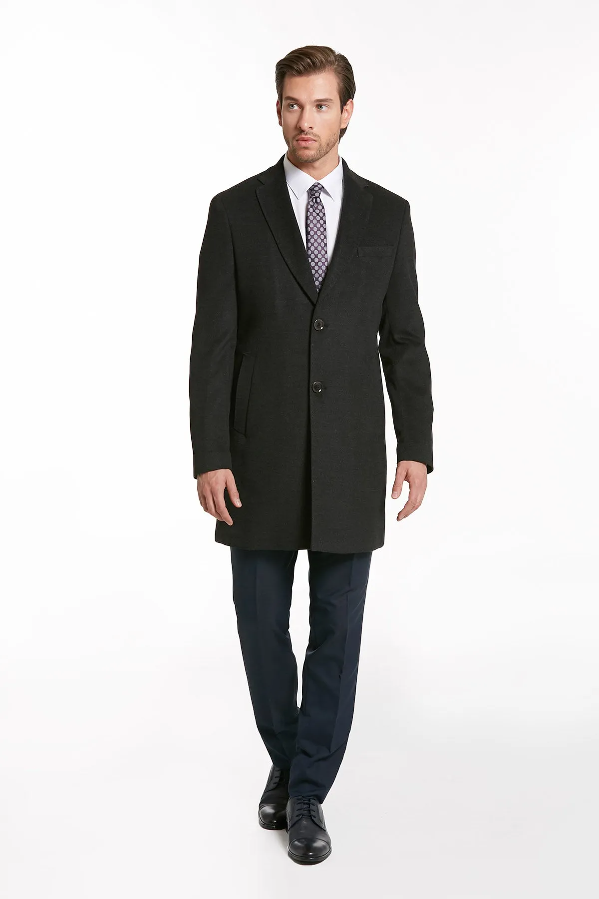 Regular Fit Cachet TBC Notch Lapel Khaki Overcoat, Charcoal