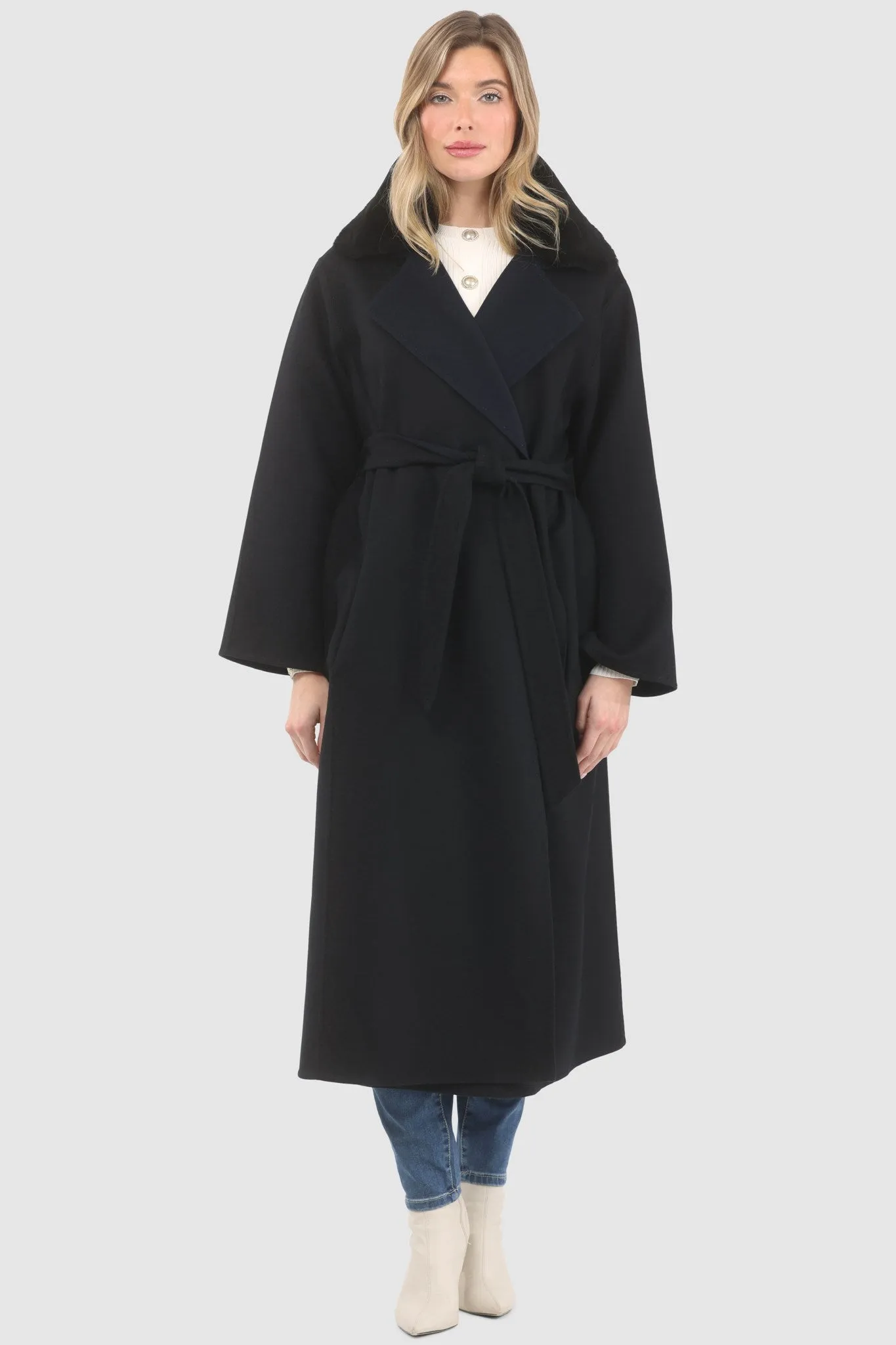 Reversible Loro Piana Wool Coat with Detachable Select Shearling Lamb Collar, Belt