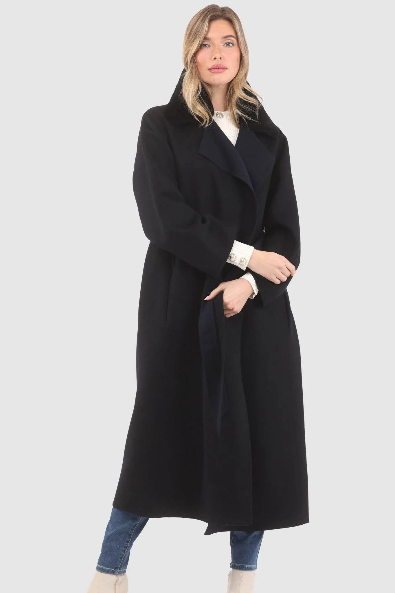 Reversible Loro Piana Wool Coat with Detachable Select Shearling Lamb Collar, Belt