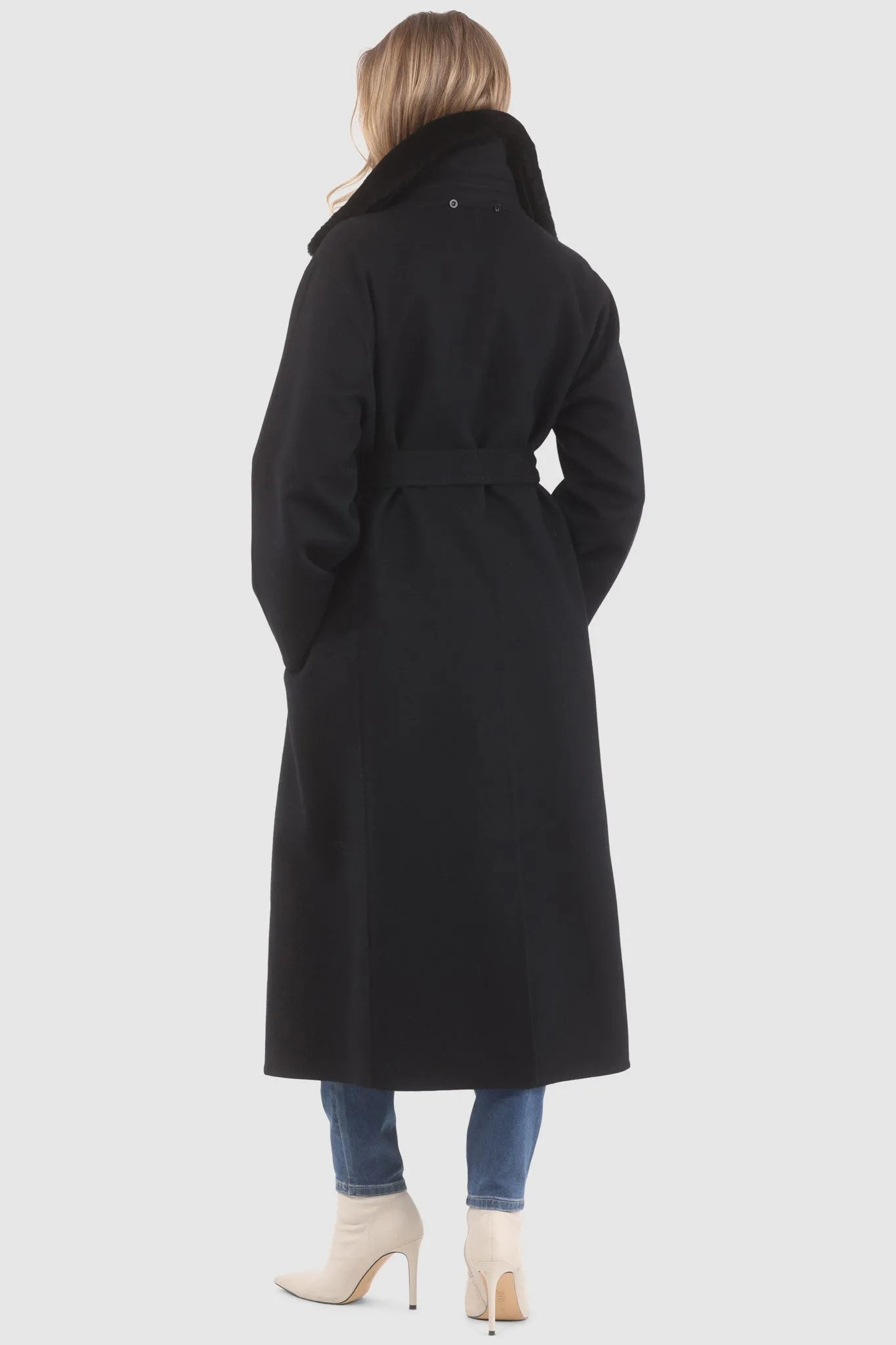 Reversible Loro Piana Wool Coat with Detachable Select Shearling Lamb Collar, Belt