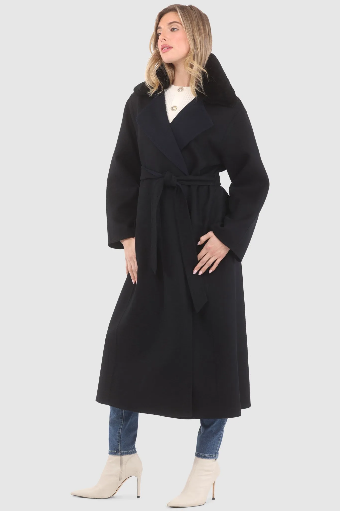 Reversible Loro Piana Wool Coat with Detachable Select Shearling Lamb Collar, Belt