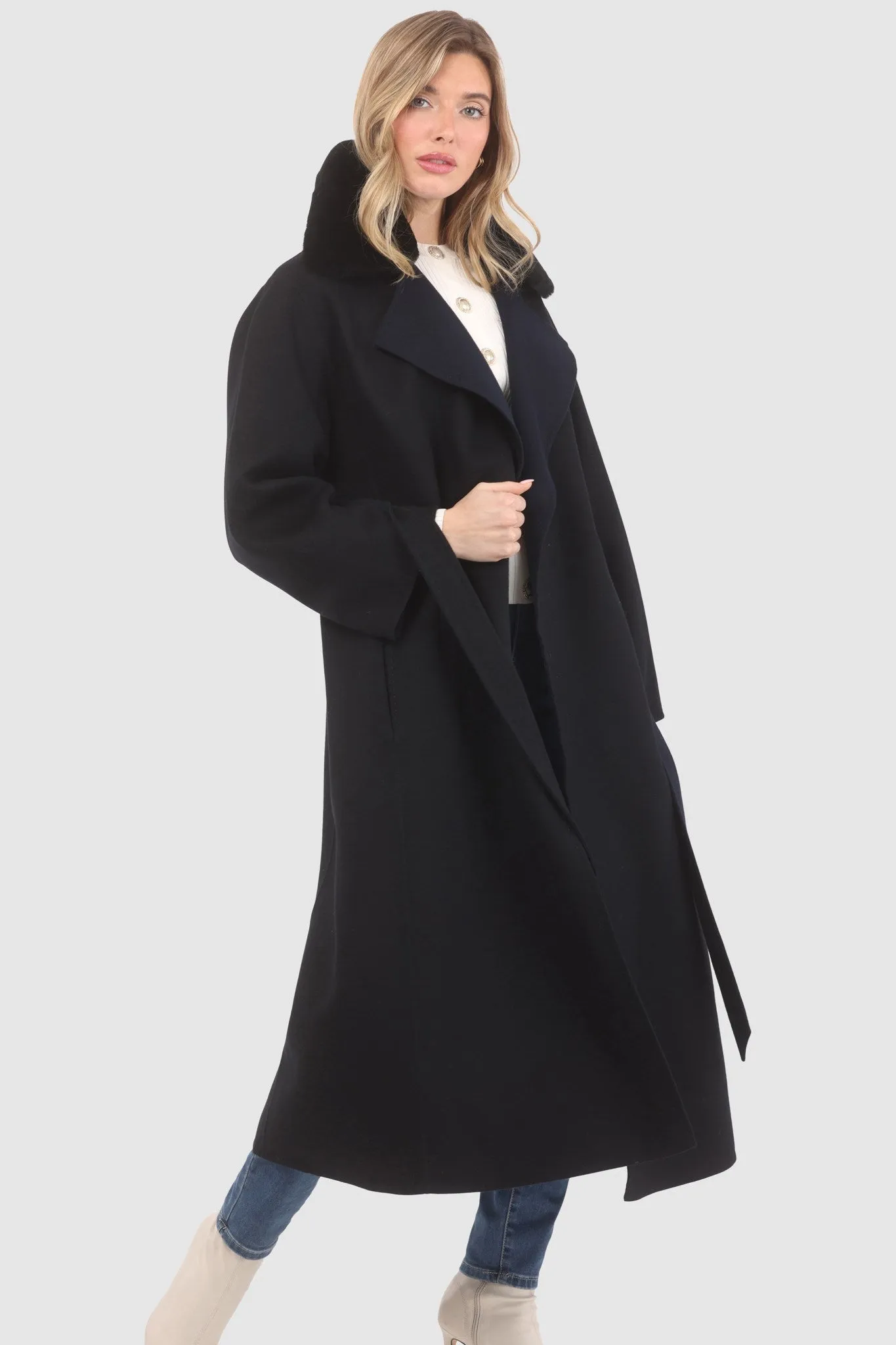 Reversible Loro Piana Wool Coat with Detachable Select Shearling Lamb Collar, Belt