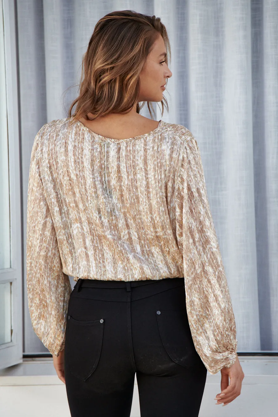 Salem Sheer Beige Drawstring Waist Long Sleeve Top