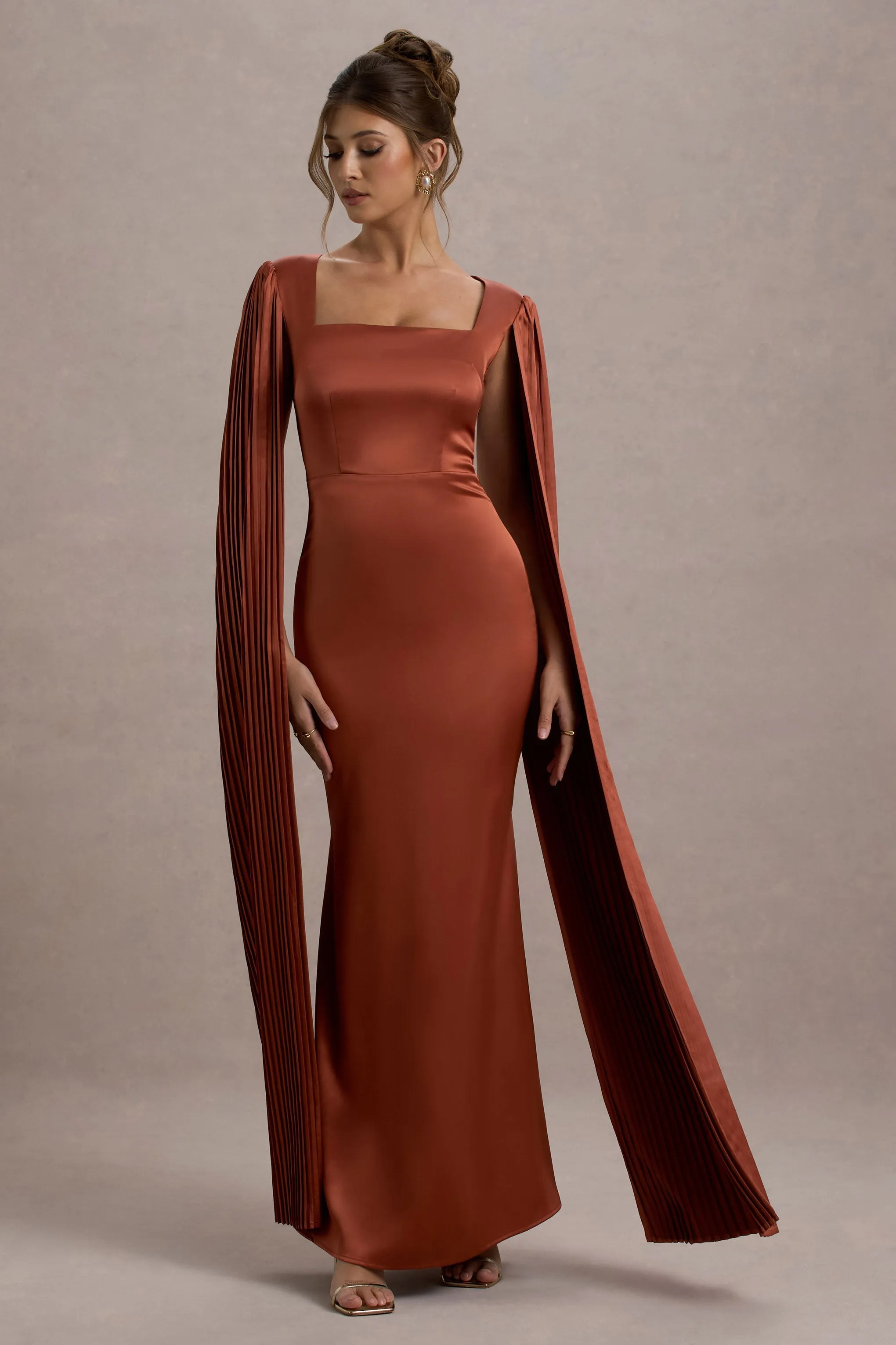 Saloma | Rust Satin Square-Neck Maxi Dress With Cape Sleeves