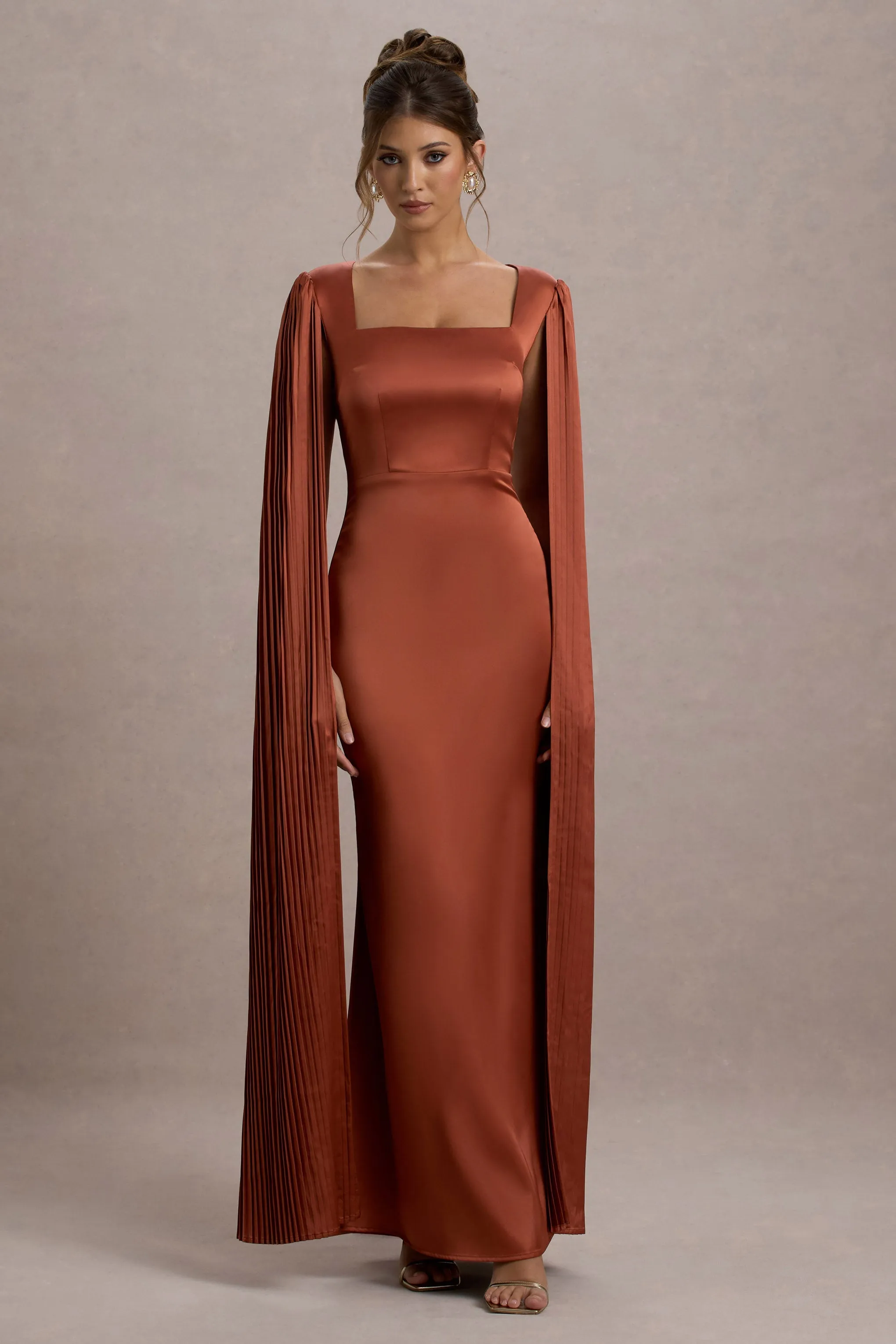 Saloma | Rust Satin Square-Neck Maxi Dress With Cape Sleeves