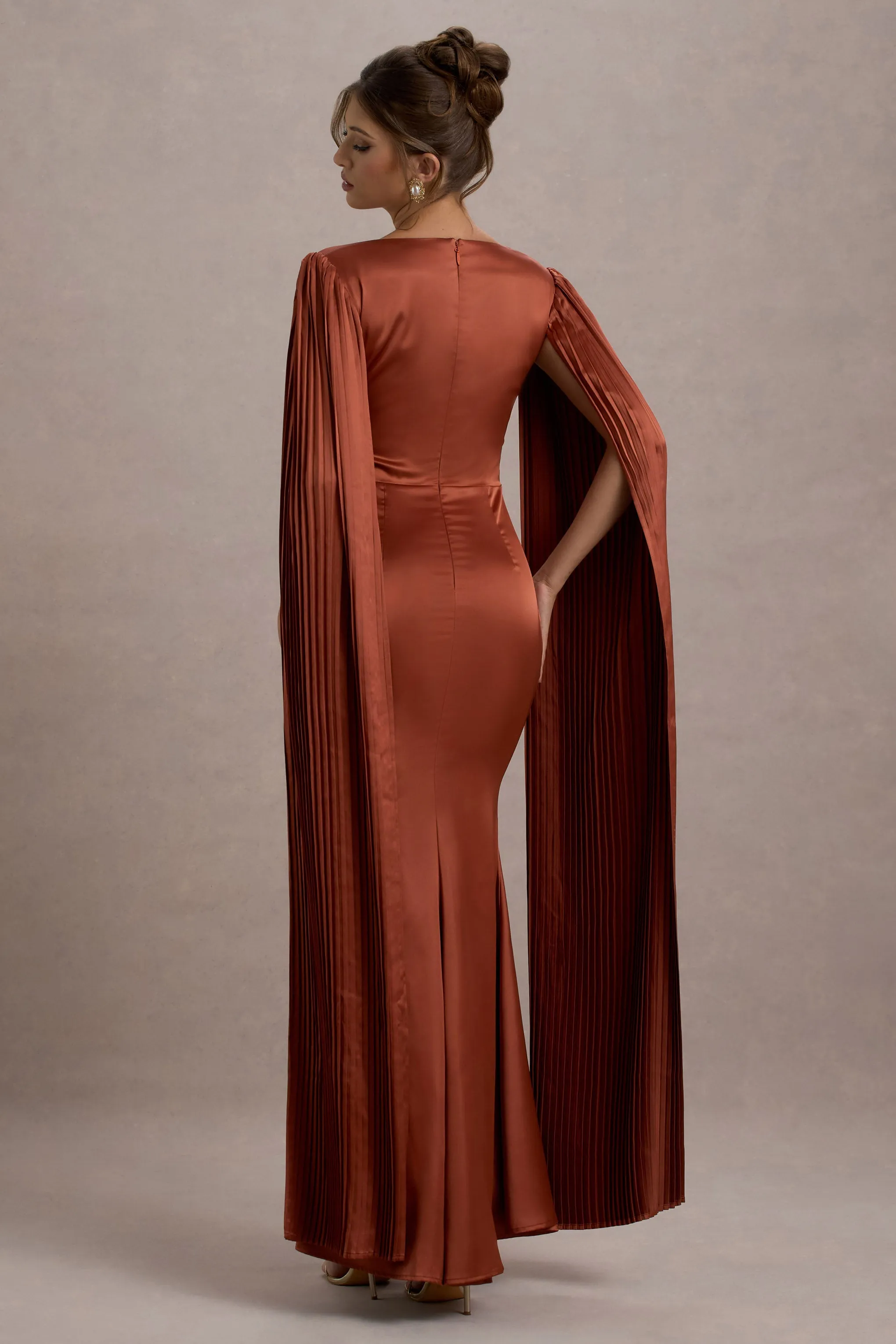 Saloma | Rust Satin Square-Neck Maxi Dress With Cape Sleeves