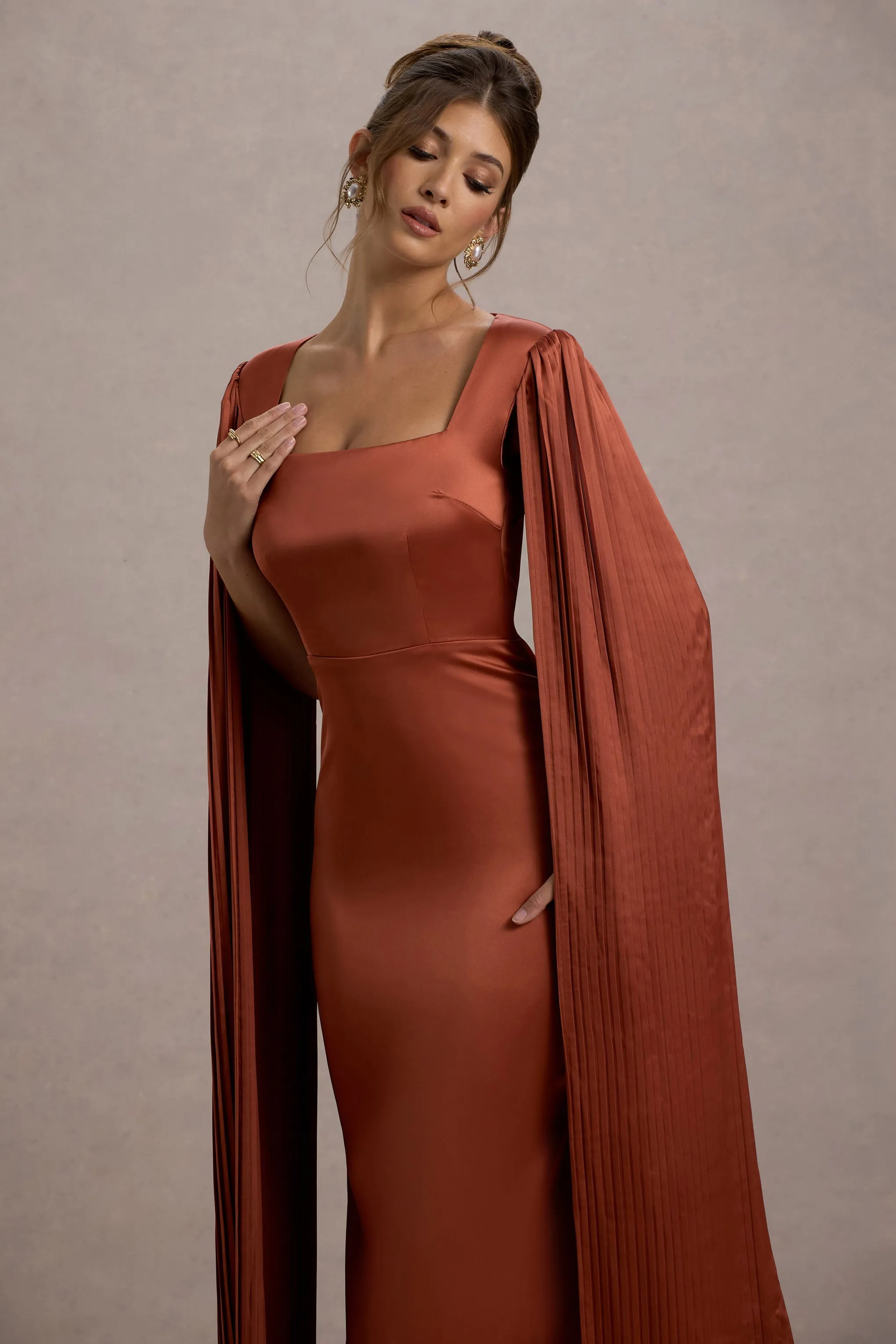 Saloma | Rust Satin Square-Neck Maxi Dress With Cape Sleeves