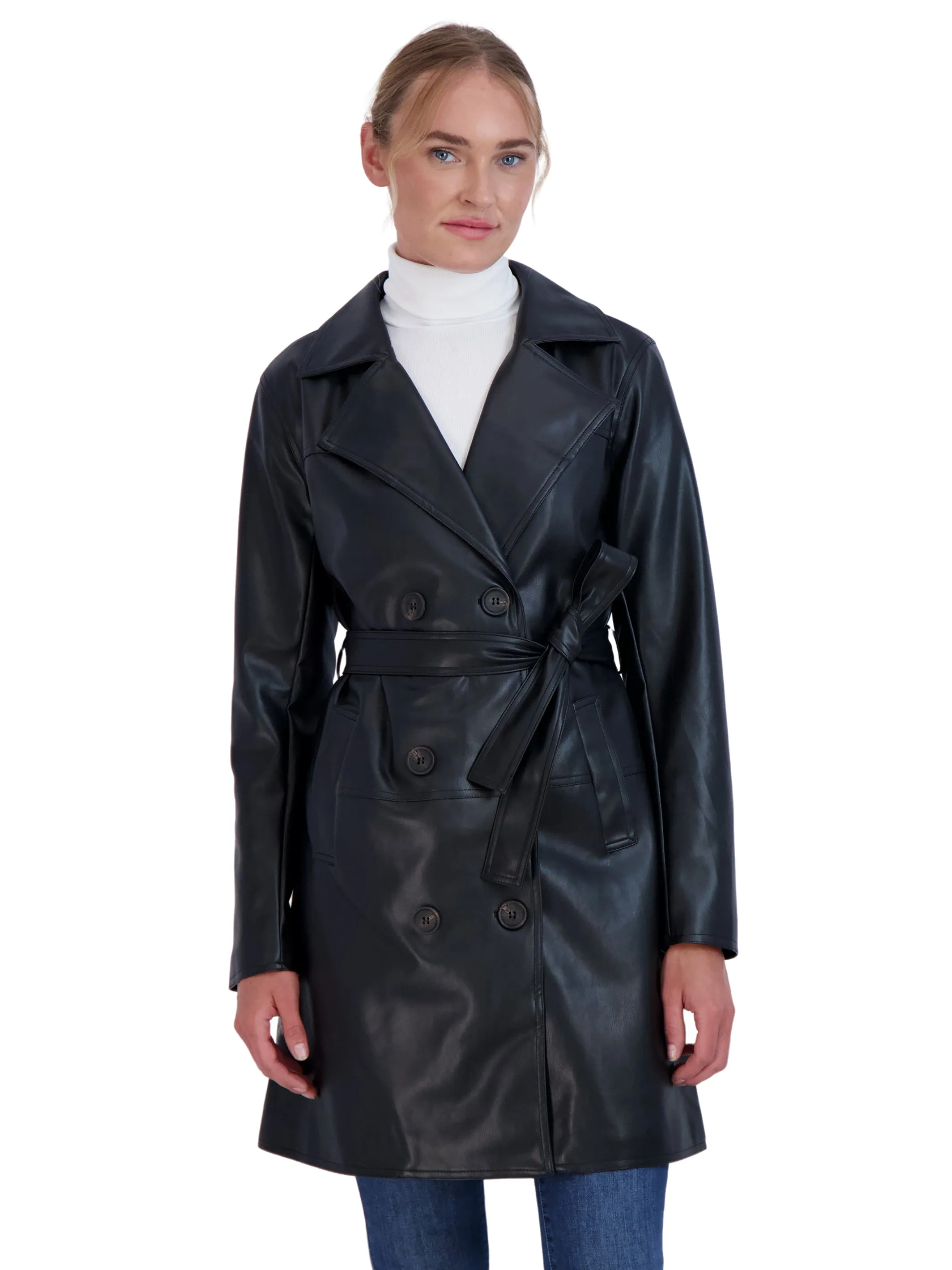 Sebby Collection Women's Faux Leather Trench Coat