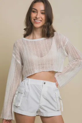 Sheer Cropped Long Sleeve White