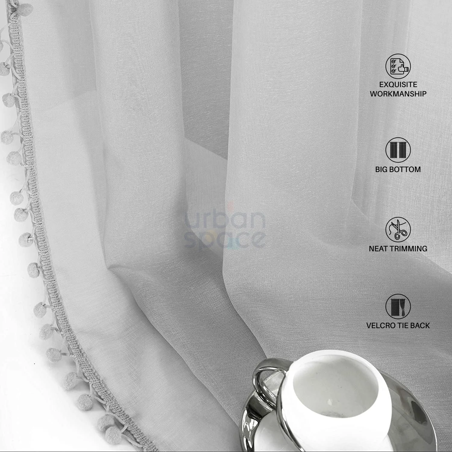 Sheer Curtain for Living Room with linen texture, Net Curtain for balcony, Pack of 2 Curtains - Silver with pom pom