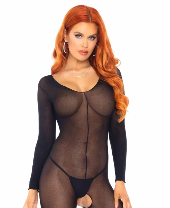 Sheer Long Sleeves Bodystocking - O/S (Black)