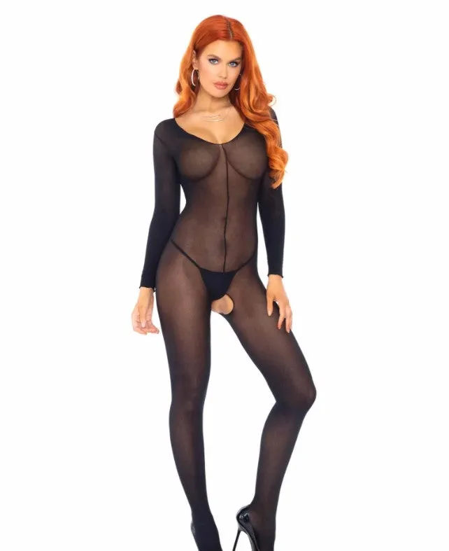 Sheer Long Sleeves Bodystocking - O/S (Black)