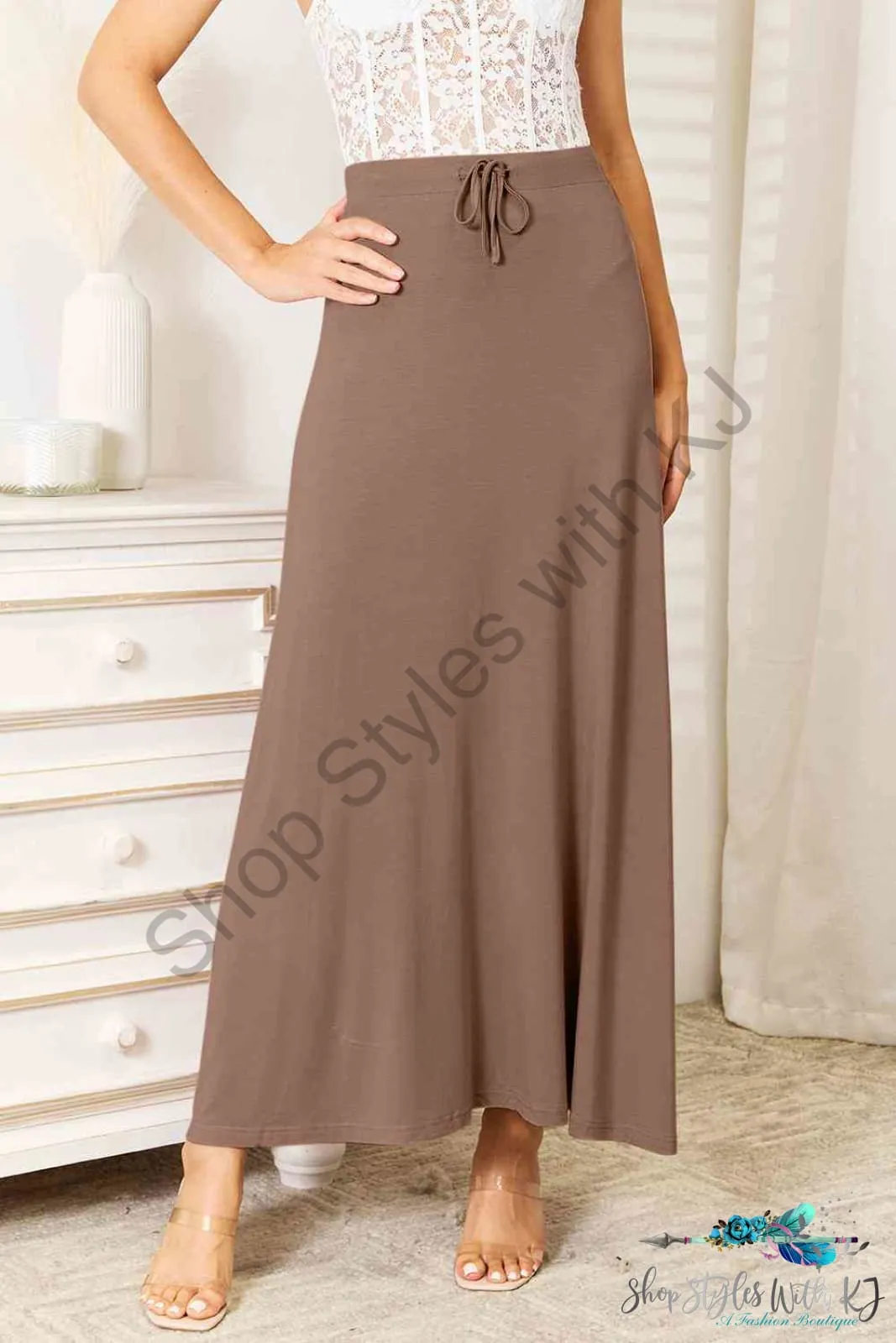 Soft Rayon Drawstring Waist Maxi Skirt