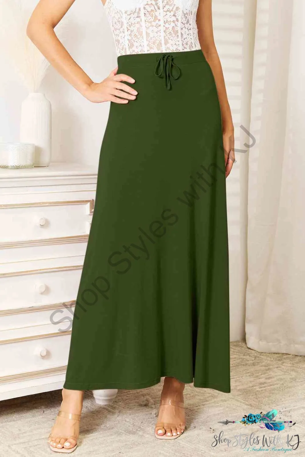 Soft Rayon Drawstring Waist Maxi Skirt