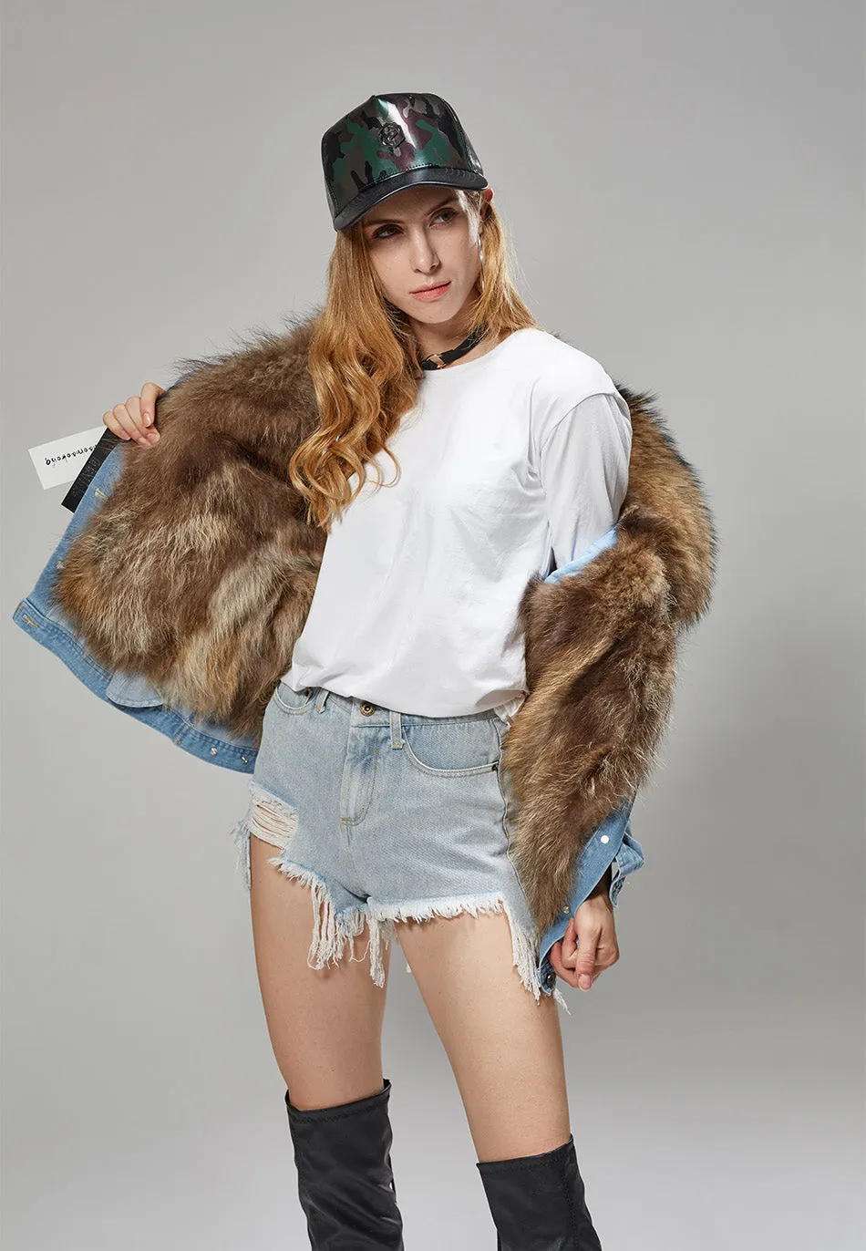 Splash Denim Real Fox Fur Liner Coats (Multi-Colors)