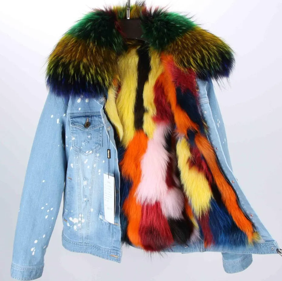 Splash Denim Real Fox Fur Liner Coats (Multi-Colors)