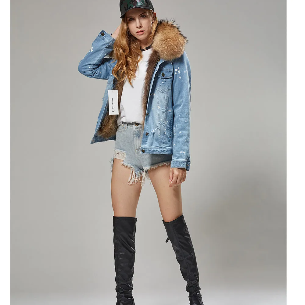 Splash Denim Real Fox Fur Liner Coats (Multi-Colors)