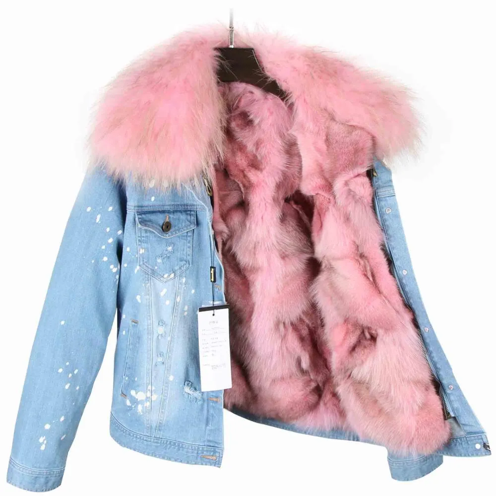 Splash Denim Real Fox Fur Liner Coats (Multi-Colors)