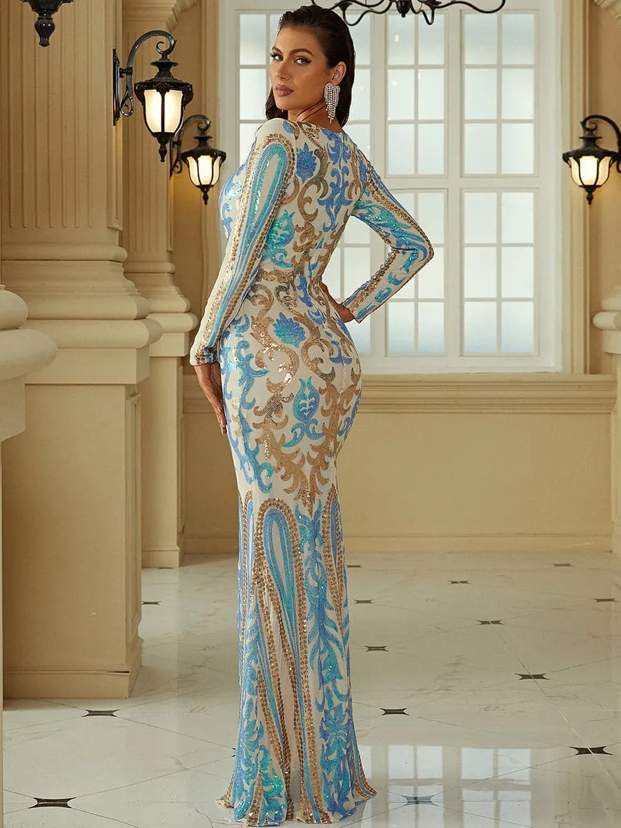 Square Neck Long Sleeve Multicolor Sequin Evening Dress XH2198