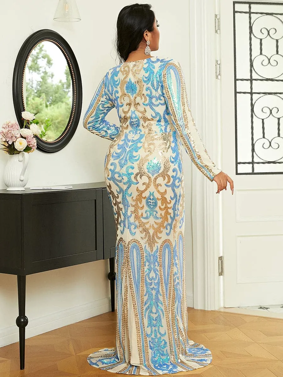 Square Neck Long Sleeve Multicolor Sequin Evening Dress XH2198